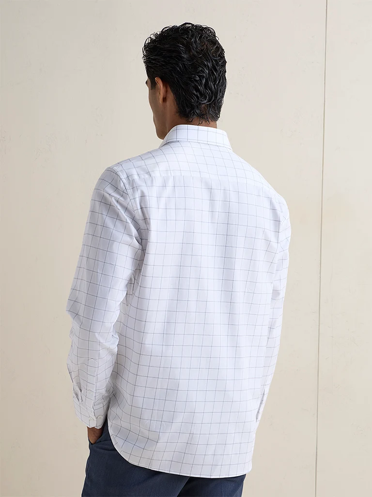 WES Formals Blue Checkered Slim-Fit Cotton Shirt