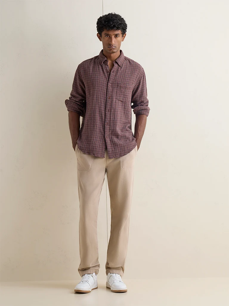 WES Casuals Dark Brown Checks Print Relaxed-Fit Cotton Shirt