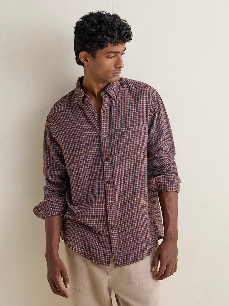 WES Casuals Dark Brown Checks Print Relaxed-Fit Cotton Shirt