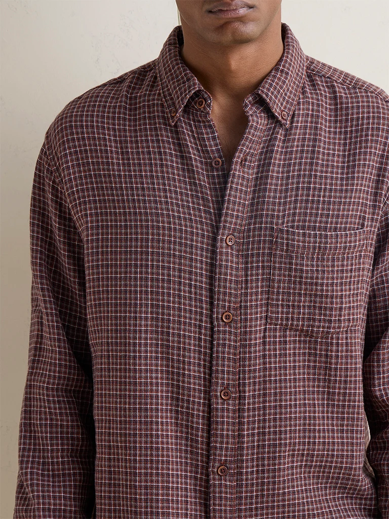 WES Casuals Dark Brown Checks Print Relaxed-Fit Cotton Shirt