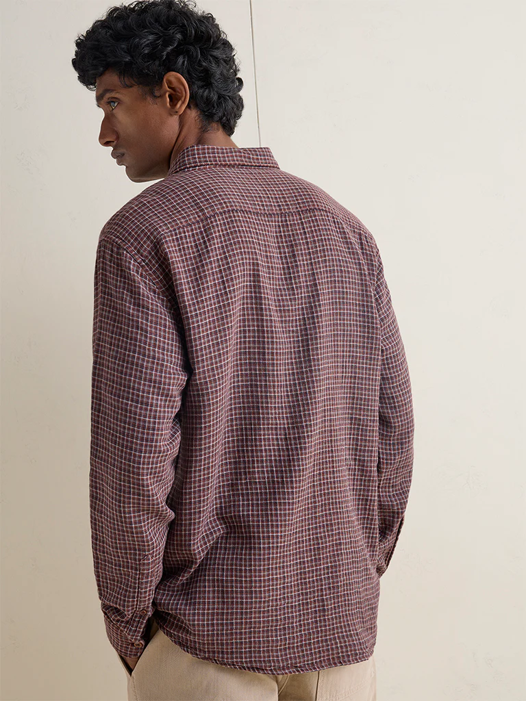 WES Casuals Dark Brown Checks Print Relaxed-Fit Cotton Shirt