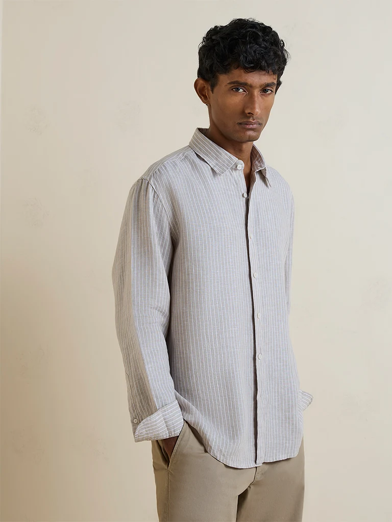 Ascot Taupe Striped Relaxed-Fit Linen Shirt