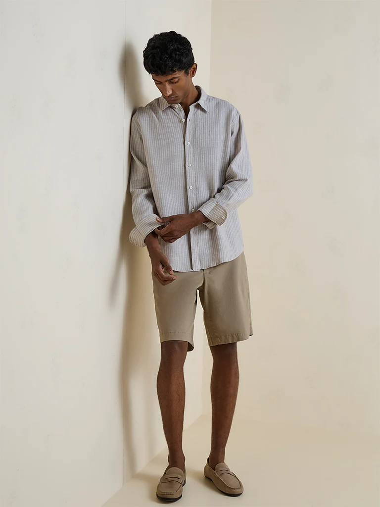 Ascot Taupe Striped Relaxed-Fit Linen Shirt