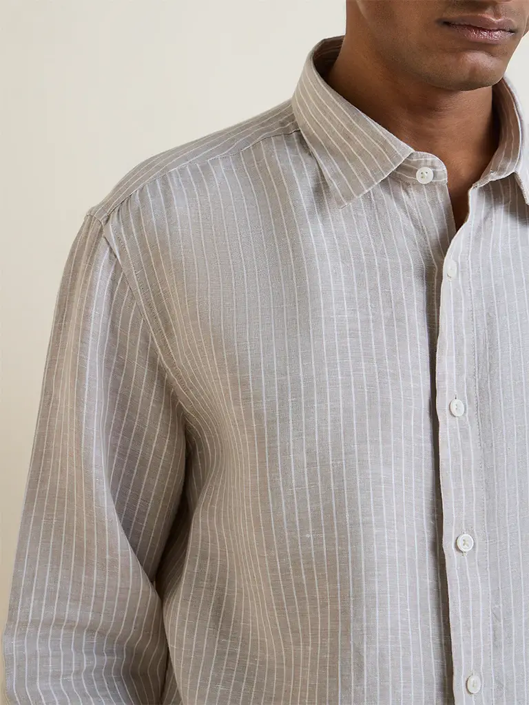 Ascot Taupe Striped Relaxed-Fit Linen Shirt