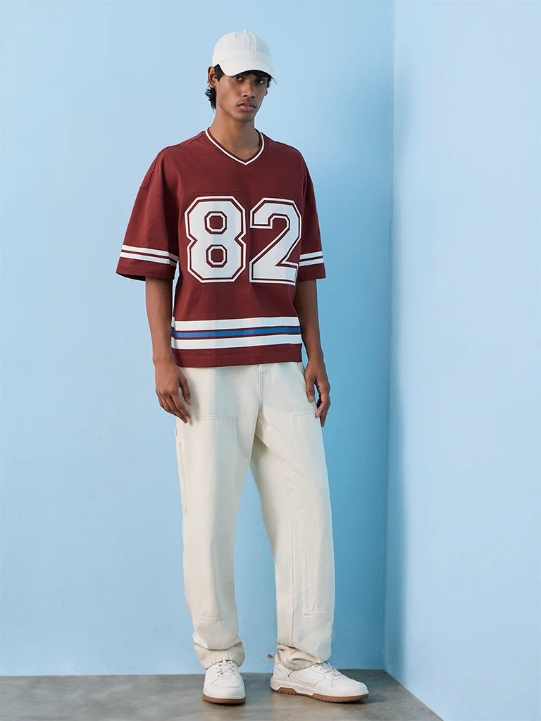 Nuon Red Numerical-Printed Oversized Cotton T-Shirt