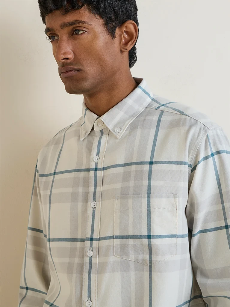 Casuals Grey Checkered Relaxed-Fit Cotton Shirt