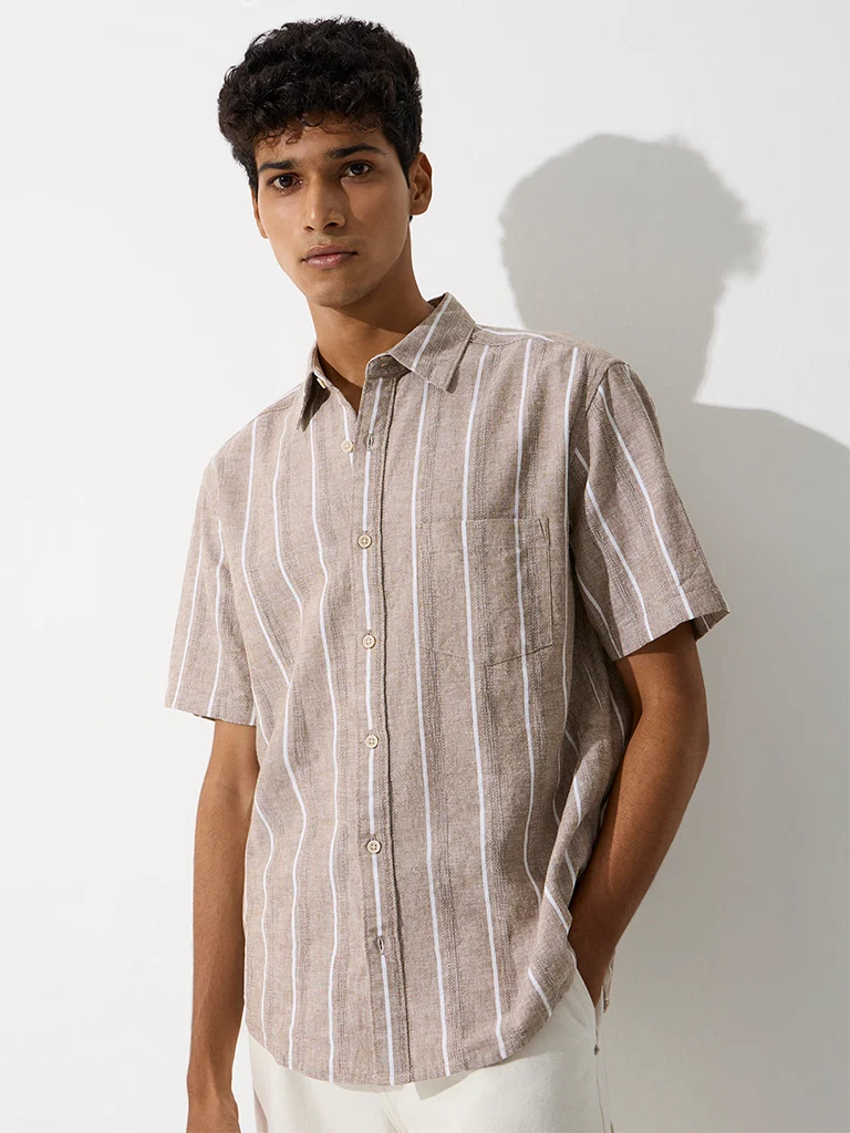 WES Casuals Dusty Taupe Striped Relaxed-Fit Cotton-Blend Shirt