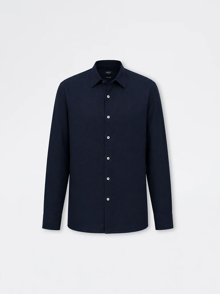 Ascot Navy Solid Relaxed-Fit Linen Shirt