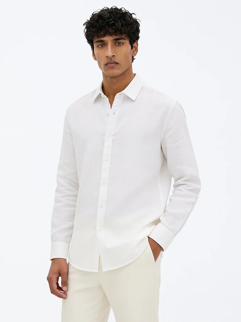Ascot Navy Solid Relaxed-Fit Linen Shirt