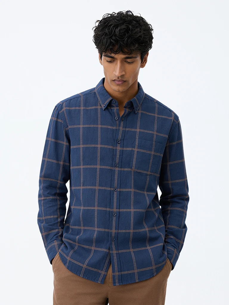 Casuals Navy Checkered Relaxed-Fit Cotton-Blend Shirt