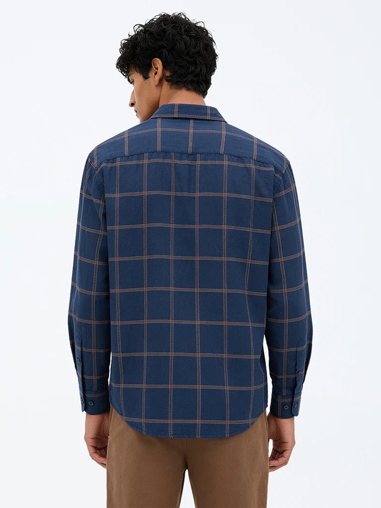 Casuals Navy Checkered Relaxed-Fit Cotton-Blend Shirt