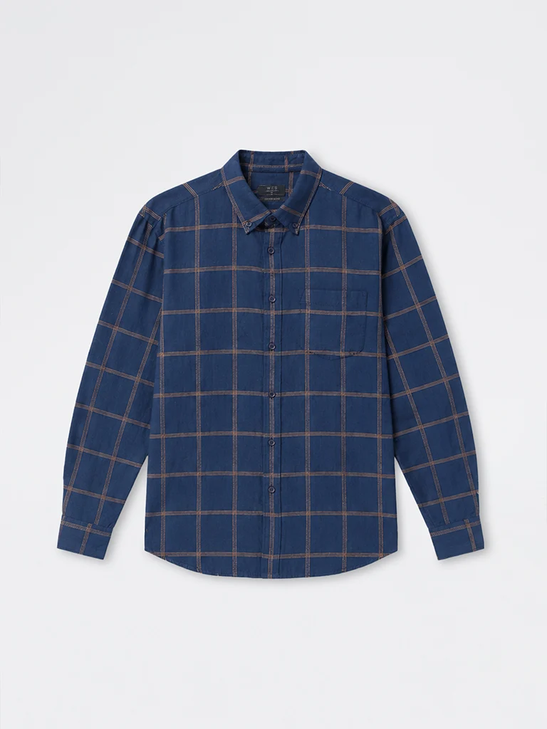 Casuals Navy Checkered Relaxed-Fit Cotton-Blend Shirt