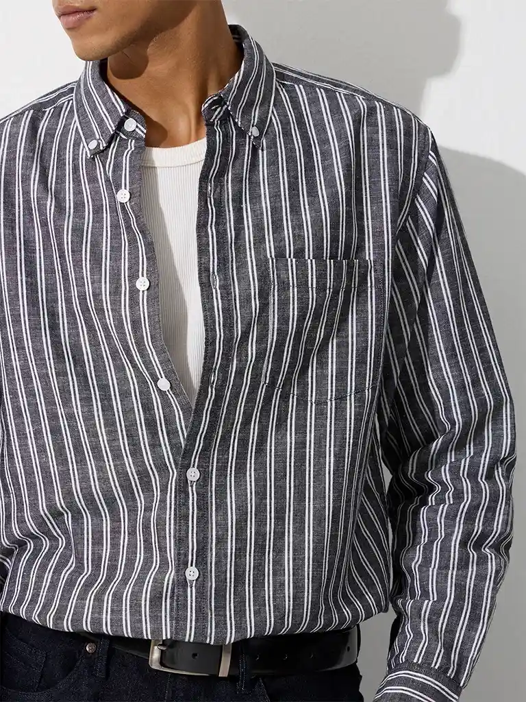 Casuals Black Striped Relaxed-Fit Cotton-Blend Shirt