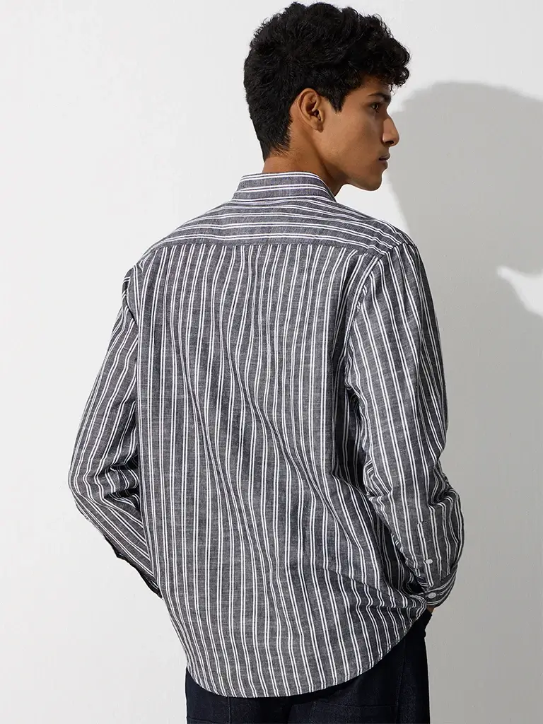 Casuals Black Striped Relaxed-Fit Cotton-Blend Shirt