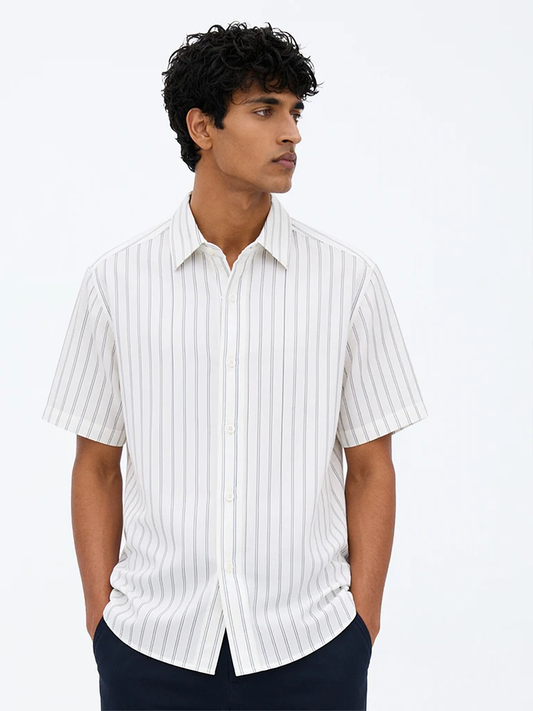 Ascot Off-White Striped Relaxed-Fit Linen-Blend Shirt