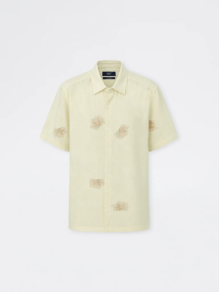 Ascot Beige Floral Printed Relaxed-Fit Linen-Blend Shirt