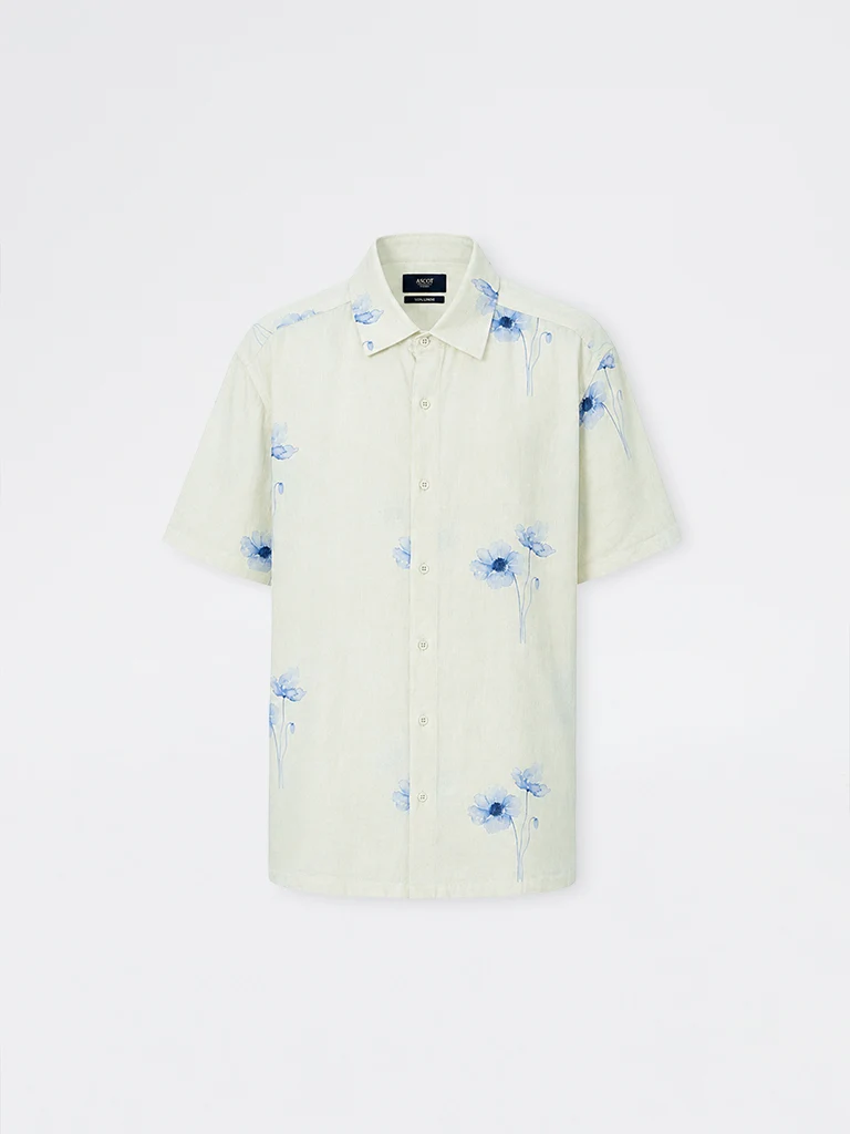Off-White Floral Printed Relaxed-Fit Linen-Blend Shirt