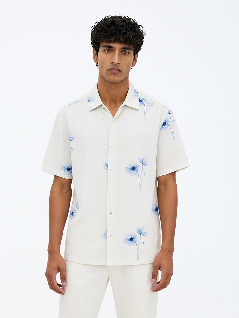 Off-White Floral Printed Relaxed-Fit Linen-Blend Shirt