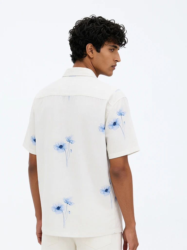 Off-White Floral Printed Relaxed-Fit Linen-Blend Shirt