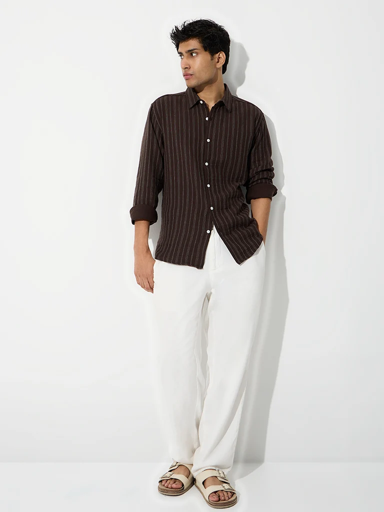 ETA Dark Brown Fine Striped Relaxed Fit Cotton Shirt