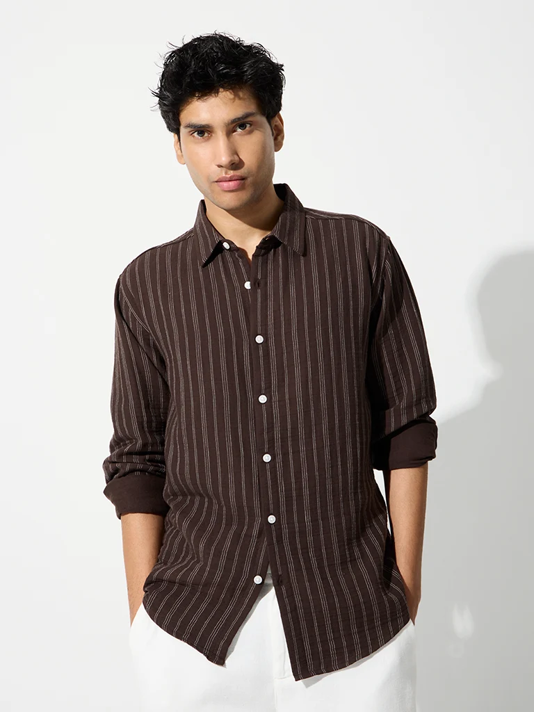 ETA Dark Brown Fine Striped Relaxed Fit Cotton Shirt