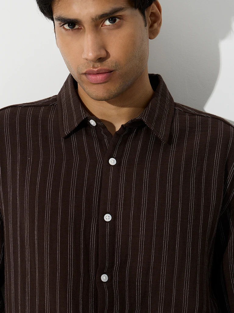ETA Dark Brown Fine Striped Relaxed Fit Cotton Shirt
