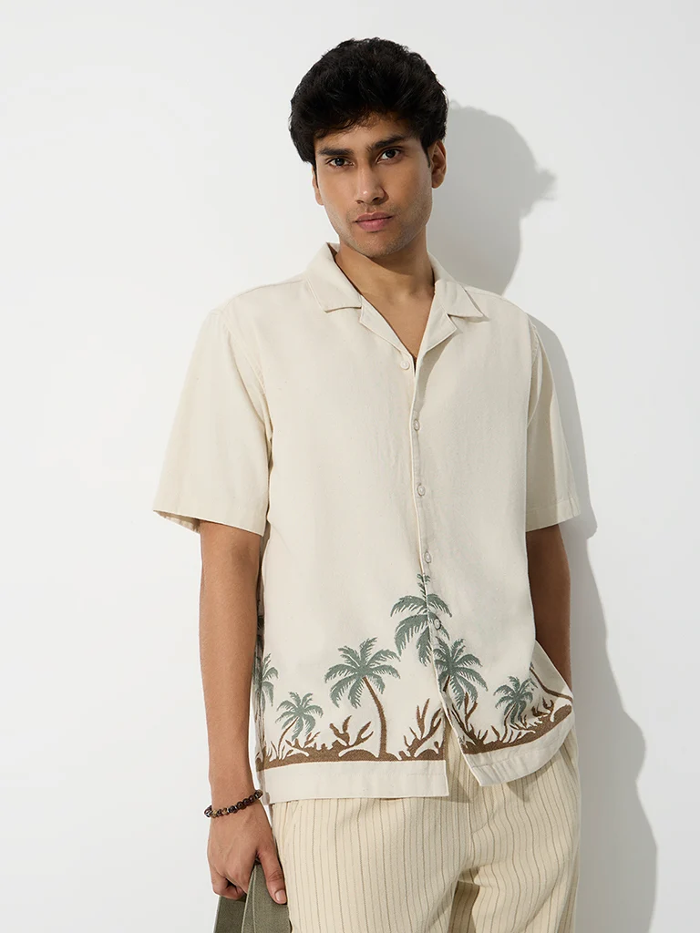 Off-White Tropical Embroidered Relaxed-Fit Cotton Shirt