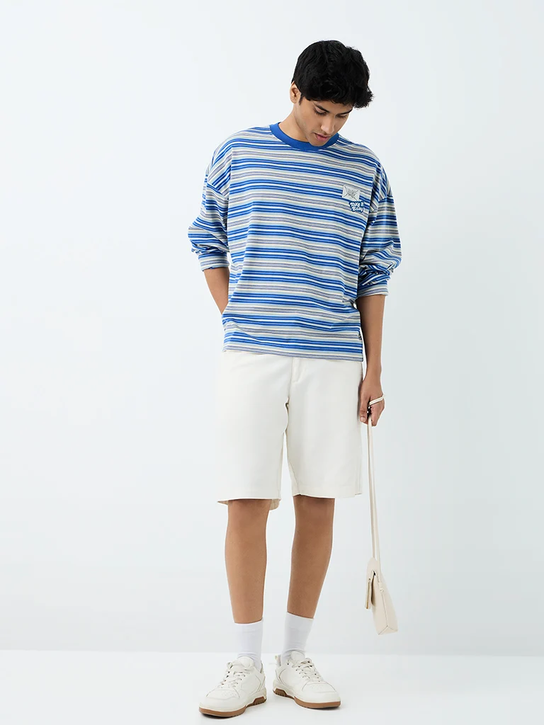 Nuon Blue Striped Relaxed-Fit Cotton T-Shirt