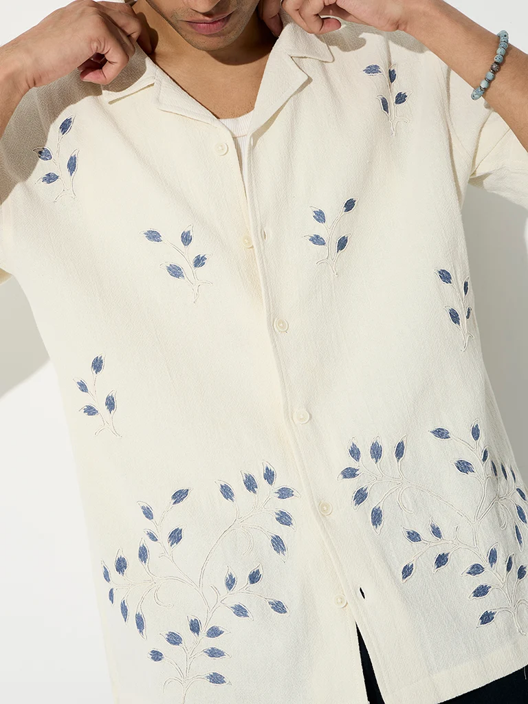 Off-White Foliage Embroidered Relaxed-Fit Cotton Shirt
