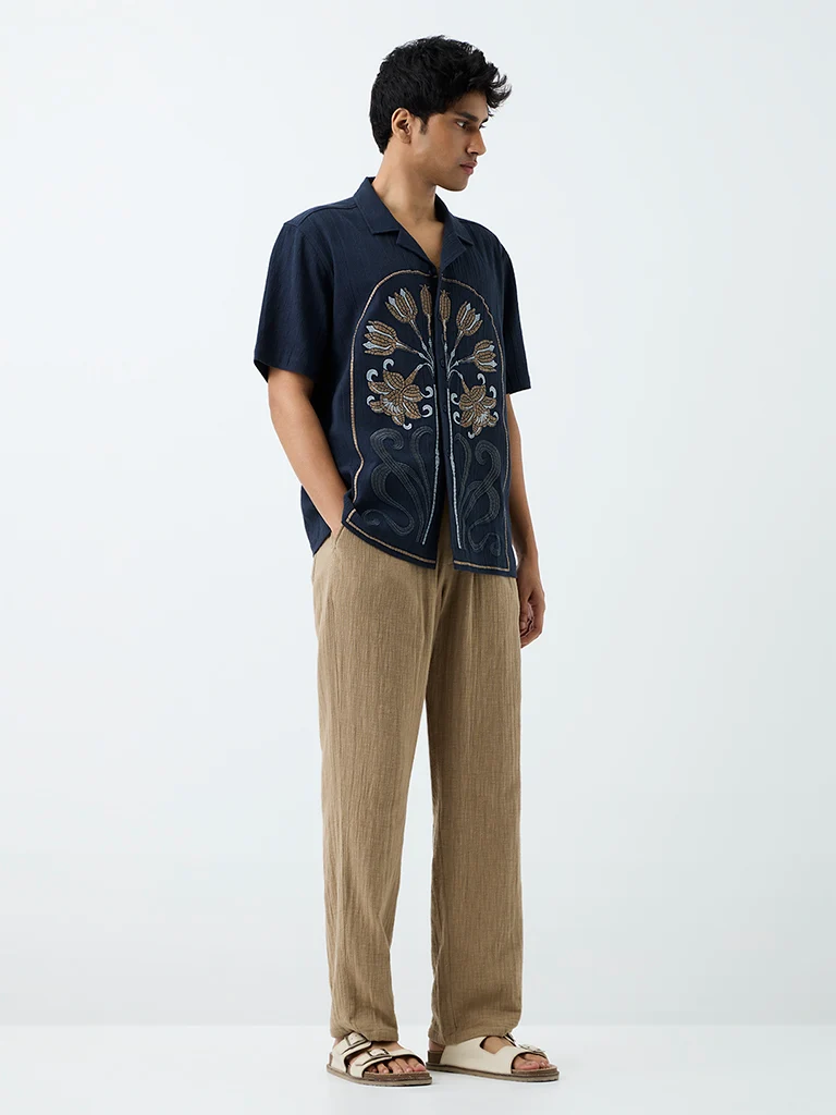 ETA Navy Floral Embroidered Relaxed-Fit Cotton Shirt