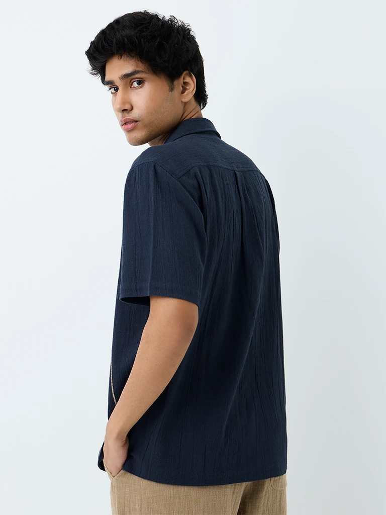 ETA Navy Floral Embroidered Relaxed-Fit Cotton Shirt