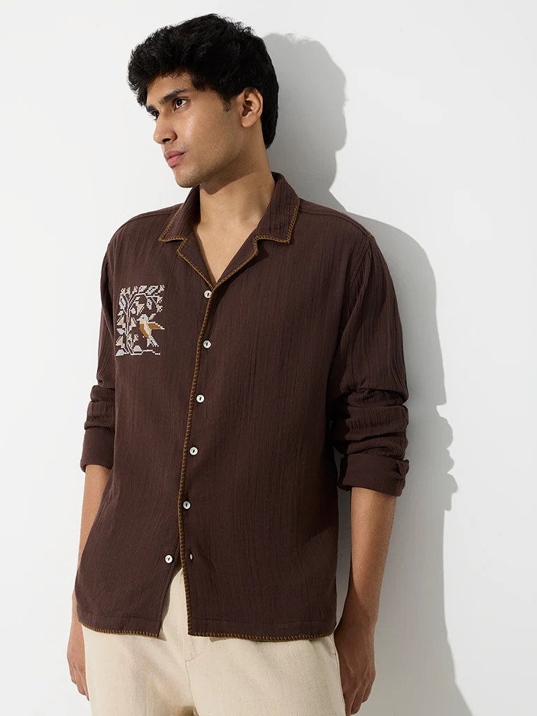 ETA Dark Brown Nature-Inspired Embroidered Relaxed Fit Shirt
