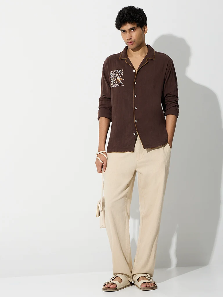 ETA Dark Brown Nature-Inspired Embroidered Relaxed Fit Shirt
