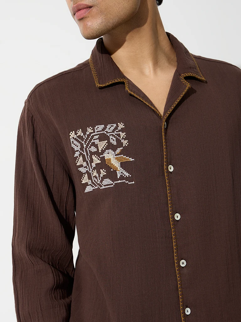 ETA Dark Brown Nature-Inspired Embroidered Relaxed Fit Shirt