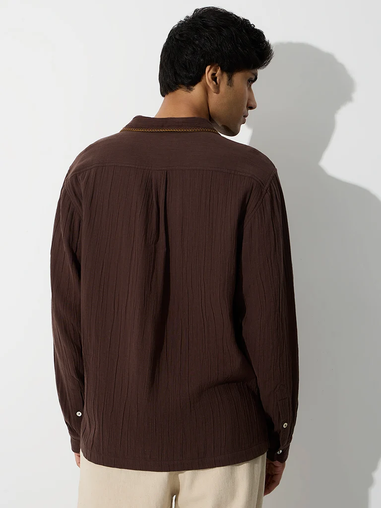 ETA Dark Brown Nature-Inspired Embroidered Relaxed Fit Shirt
