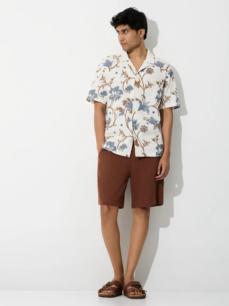 Off-White Floral Embroidered Relaxed-Fit Cotton Shirt