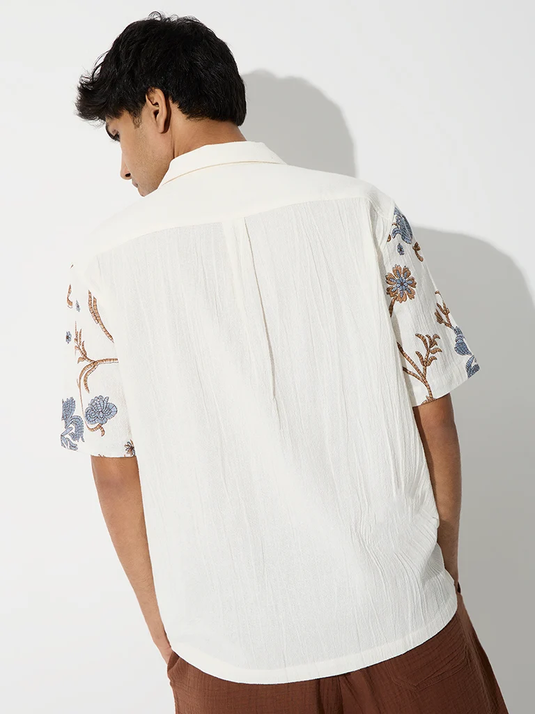 Off-White Floral Embroidered Relaxed-Fit Cotton Shirt