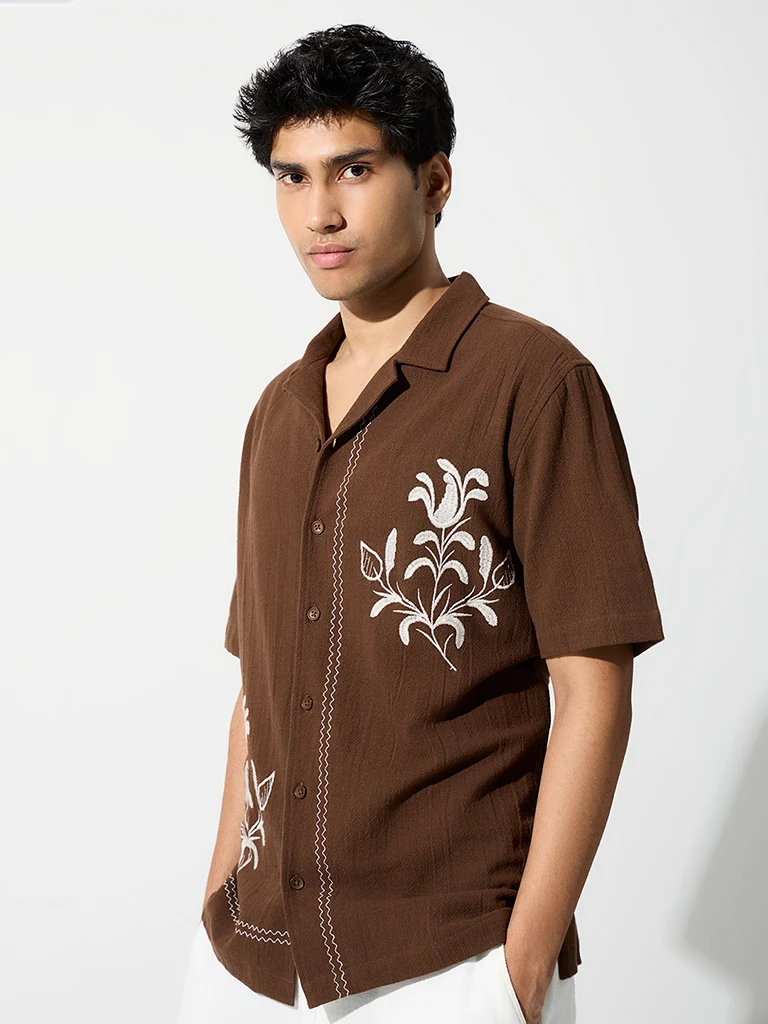 ETA Dark Brown Floral Embroidered Relaxed-Fit Cotton Shirt