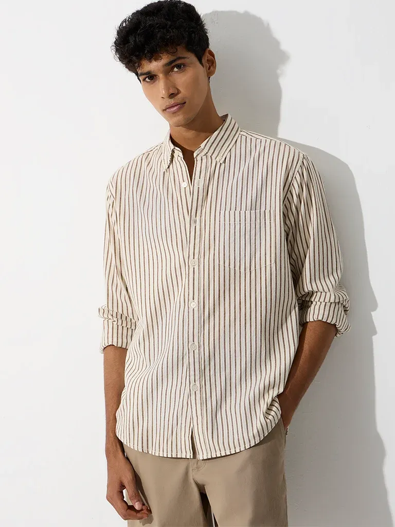 Casuals Brown Striped Relaxed-Fit Cotton Shirt
