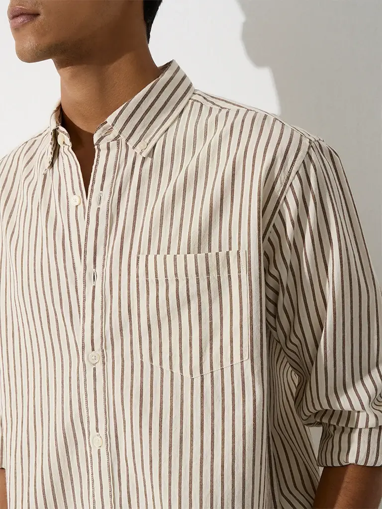 Casuals Brown Striped Relaxed-Fit Cotton Shirt