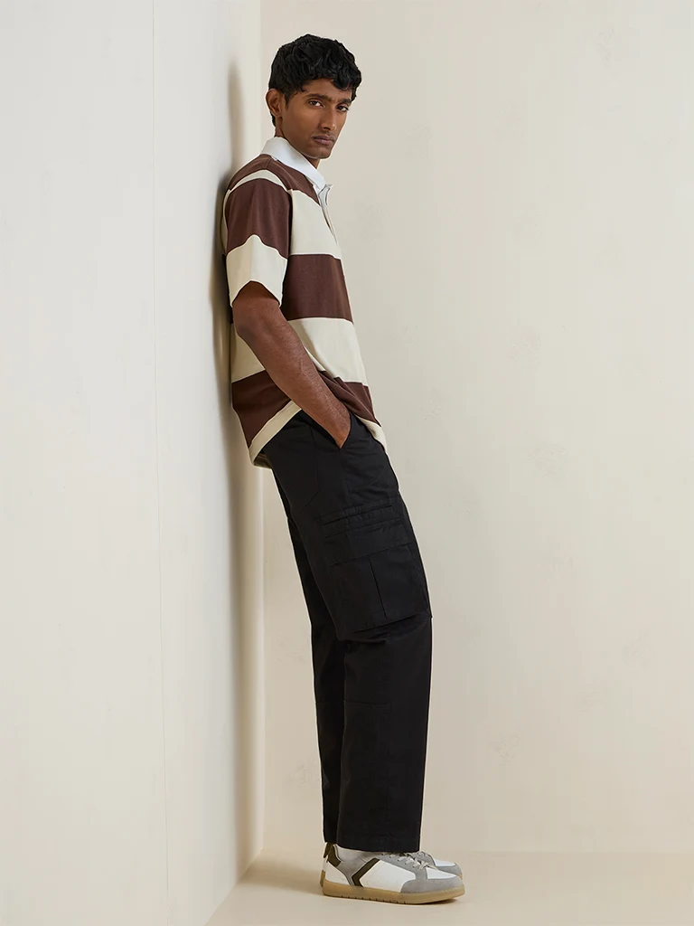 WES Casuals Beige Striped Relaxed-Fit Cotton Polo T-Shirt
