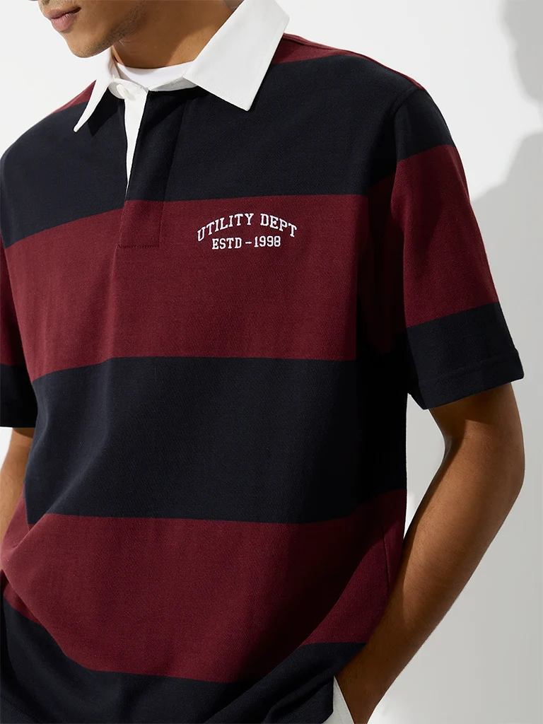 WES Casuals Burgundy Striped Relaxed-Fit Cotton Polo T-Shirt