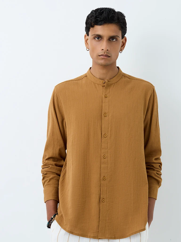 ETA Mustard Crinkle-Textured Relaxed-Fit Cotton Shirt
