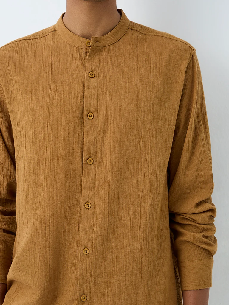 ETA Mustard Crinkle-Textured Relaxed-Fit Cotton Shirt