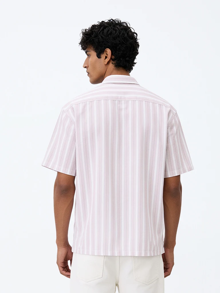 Mens Casuals Pink Striped Relaxed-Fit Cotton Shirt