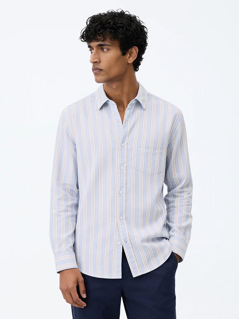 Casuals Blue Striped Relaxed-Fit Cotton-Blend Shirt