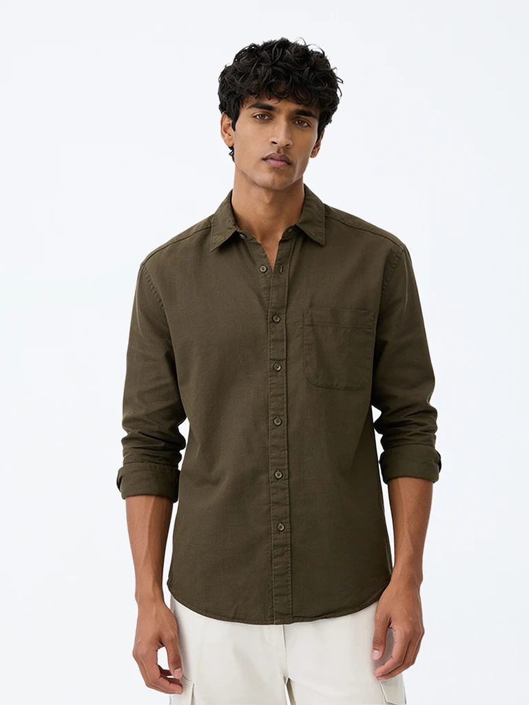 Casuals Dark Olive Solid Relaxed-Fit Cotton-Blend Shirt