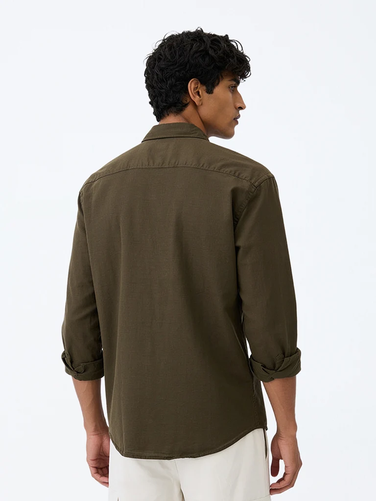Casuals Dark Olive Solid Relaxed-Fit Cotton-Blend Shirt