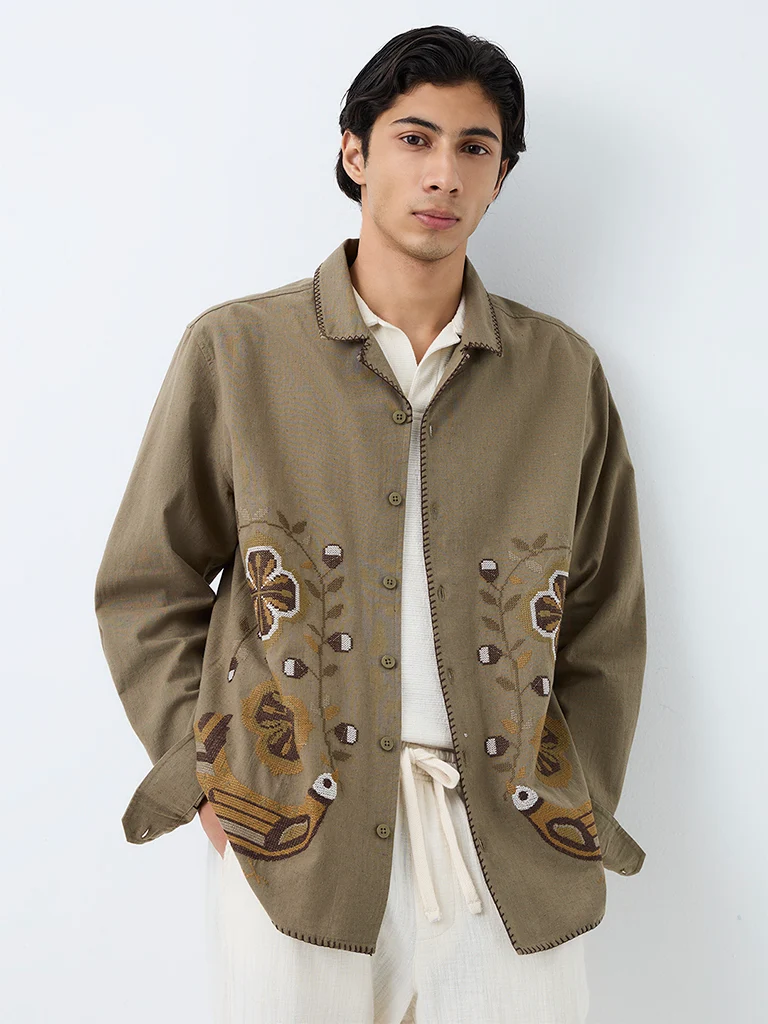 ETA Khaki Floral Embroidered Relaxed-Fit Cotton-Blend Shirt