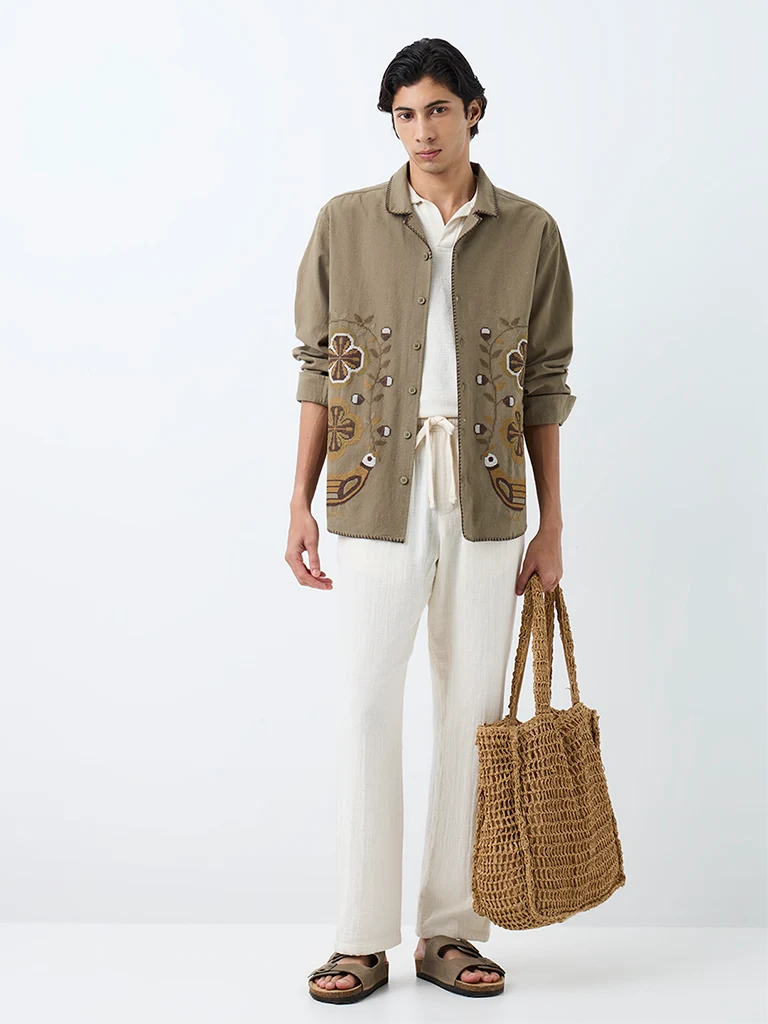 ETA Khaki Floral Embroidered Relaxed-Fit Cotton-Blend Shirt